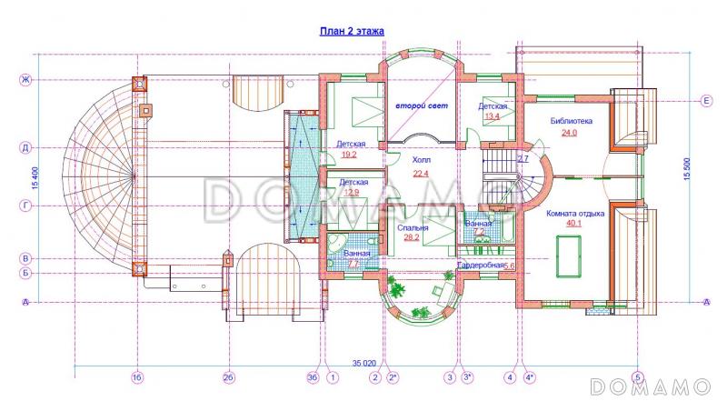 Проект жилого дома с большим бассейном с выходом на террасу / План 2 этажа