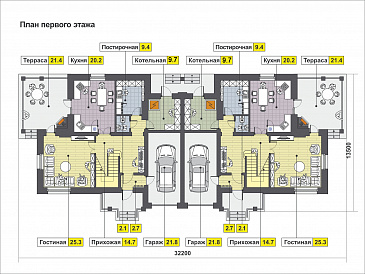 Загородный дом для большой семьи с функциональной планировкой, гаражом, барбекю на террасе / План 1 этажа