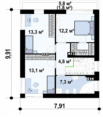 Проект двухэтажного загородного дома с подвалом, вытянутой кухней с кладовой, светлыми спальнями на втором этаже / План 2 этажа