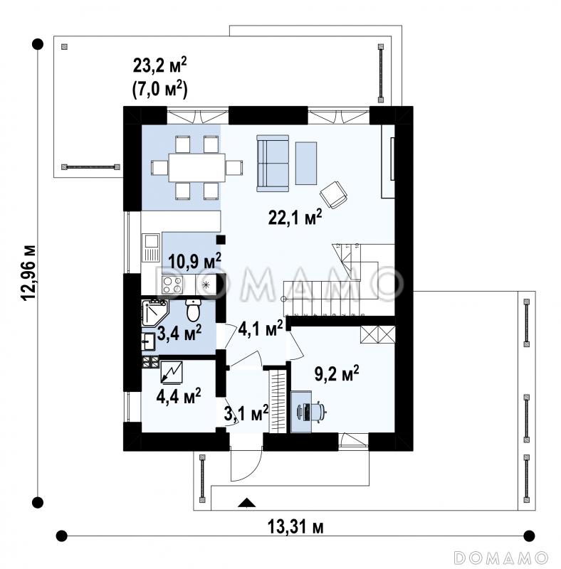 Проект двухэтажного дома с кабинетом, объединенной кухней и гостиной, террасой, спальнями на втором этаже / План 1 этажа