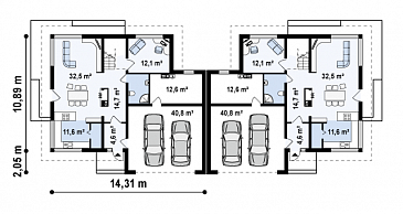 Проект двухэтажных домов-близнецов из газобетона с открытой террасой над большим гаражом  / План 1 этажа