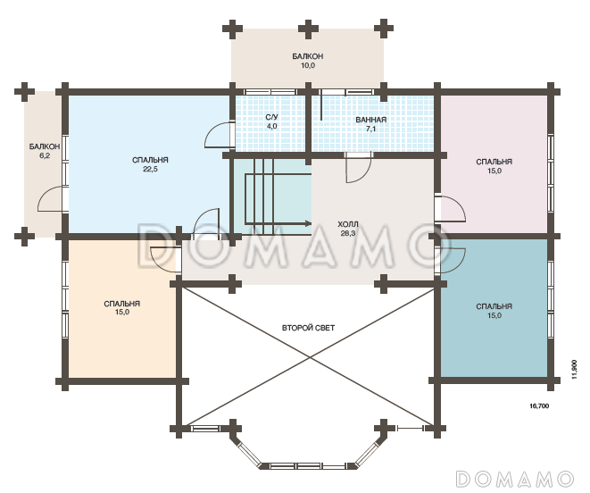 Проект дома из клееного бруса с обилием окон различной формы / План мансардного этажа