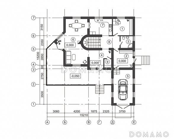 Проект дома с треугольным эркером и гаражом на одну машину / План 1 этажа