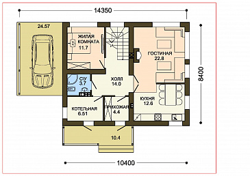 Проект практичного двухэтажного дома с большой гардеробной и навесом для автомобиля  / План 1 этажа