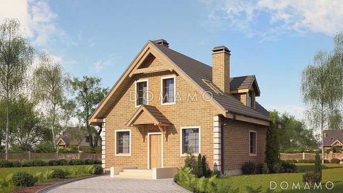 Проект дома с отделкой кирпичом, камином в гостиной, изолированной кухней, открытой террасой