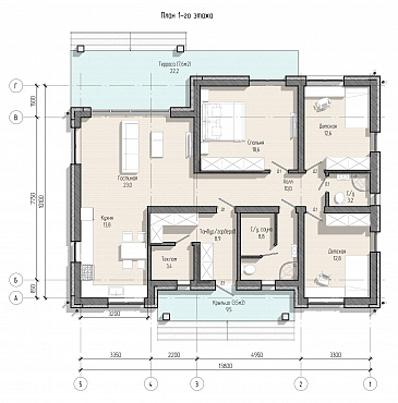 Проект одноэтажного дома с тремя спальнями, гардеробной, сауной и террасой / План 1 этажа