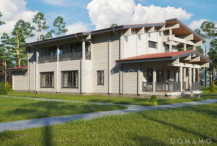 Проект двухэтажного дома из клееного бруса с красивым панорамным остеклением