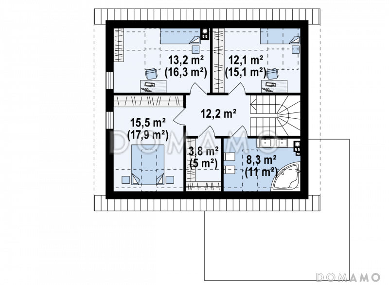 Проект одноэтажного мансардного дома из кирпича с кабинетом, изолированной кухней и гаражом / План мансардного этажа