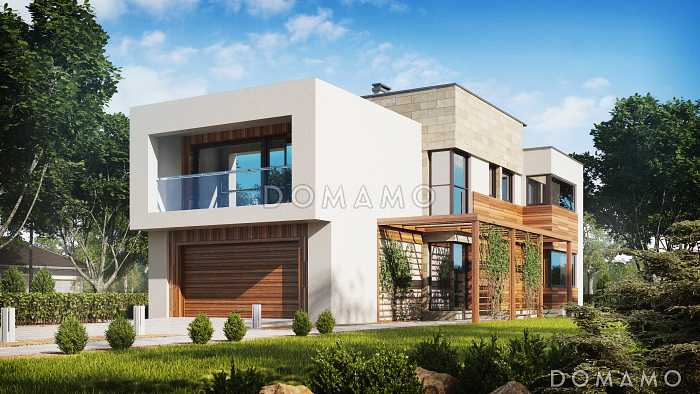 Проект двухэтажного загородного дома с гаражом на 2 автомобиля, террасой, большой кухней, кабинетом