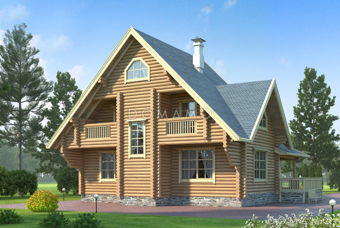 Проект комфортабельного дома из бревна с тремя спальными комнатами и уютной гостиной