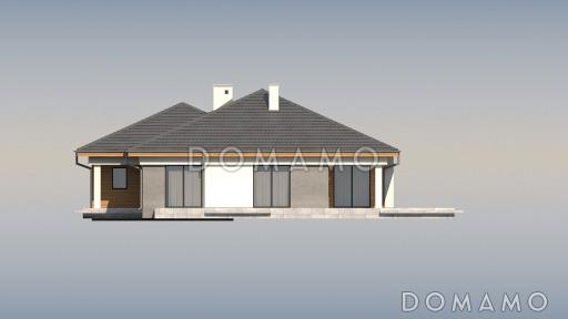 Проект одноэтажного просторного дома из газобетона с крытой террасой, эркером и гаражом для двух автомобилей  / Фасад 1