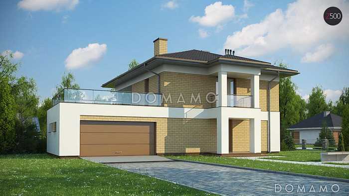 Проект современного двухэтажного дома из газобетона балконом, лоджией и открытой террасой над двухместным гаражом