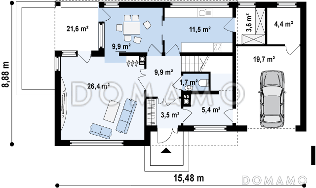 Проект современного двухэтажного дома из кирпича с четырьмя комнатами, гаражом, террасой и балконом / План 1 этажа