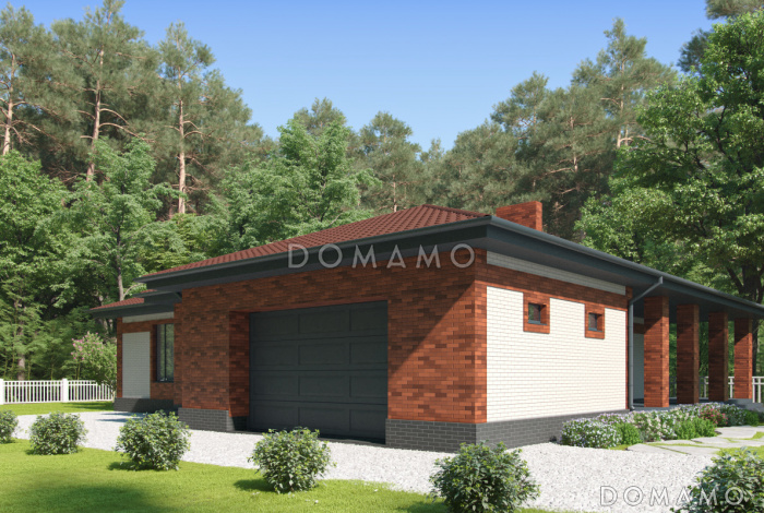 Проект одноэтажного дома с террасой и гаражом, просторной кухней-столовой, хозяйской спальней 