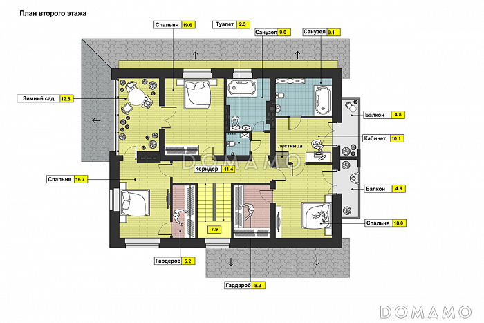 Проект дома с просторной гостиной и кухней столовой, террасой с барбекю, зимним садом, двумя балконами,  / План мансардного этажа