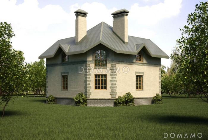 Проект загородного дома с эркером в гостиной