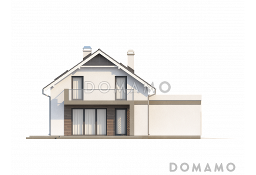 Проект одноэтажного мансардного дома из кирпича с балконом и с фронтальным пристроенным гаражом / Фасад 1