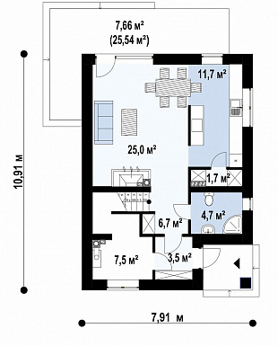 Проект классического двухэтажного дома из кирпича с четырьмя комнатами, техническим помещением и небольшой угловой террасой / План 1 этажа