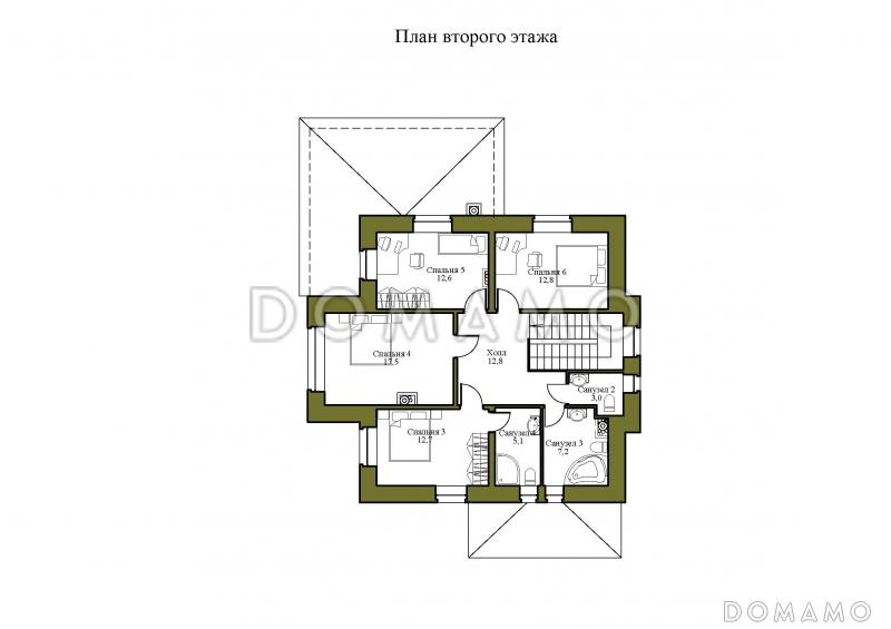 Проект двухэтажного дома из кирпича с двумя каминами на большой террасе и в гостиной / План 2 этажа