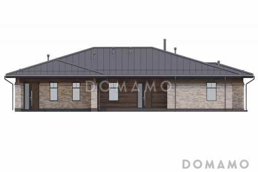 Проект одноэтажного дома с навесом для автомобилей, барбекю на террасе, сауной и 3 спальнями / Фасад 3