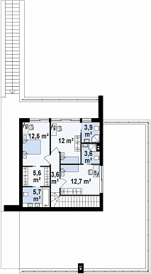 Проект современного двухэтажного дома из газобетона с плоской крышей необычного дизайна, с большими террасами на обоих уровнях, подходит для участка со склоном / План 2 этажа