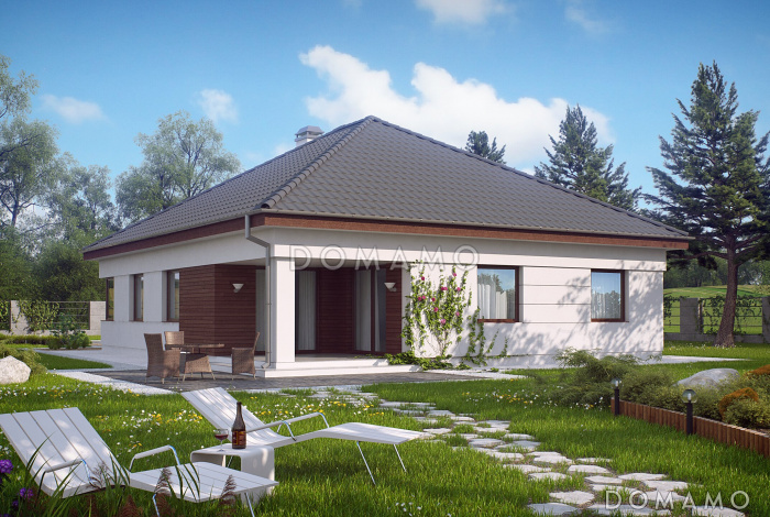 Проект дома с помещениями на одном уровне, выделенной спальной зоной, просторной гостиной, террасой