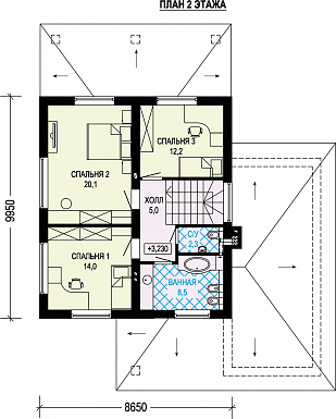 Проект двухэтажного дома с гаражом, террасой и тремя спальнями на втором этаже / План 2 этажа