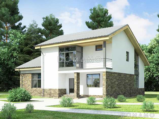 Проект дома с крытой террасой, сауной и душевой, двумя спальнями на первом этаже, гостиной с камином, балконом, вторым светом