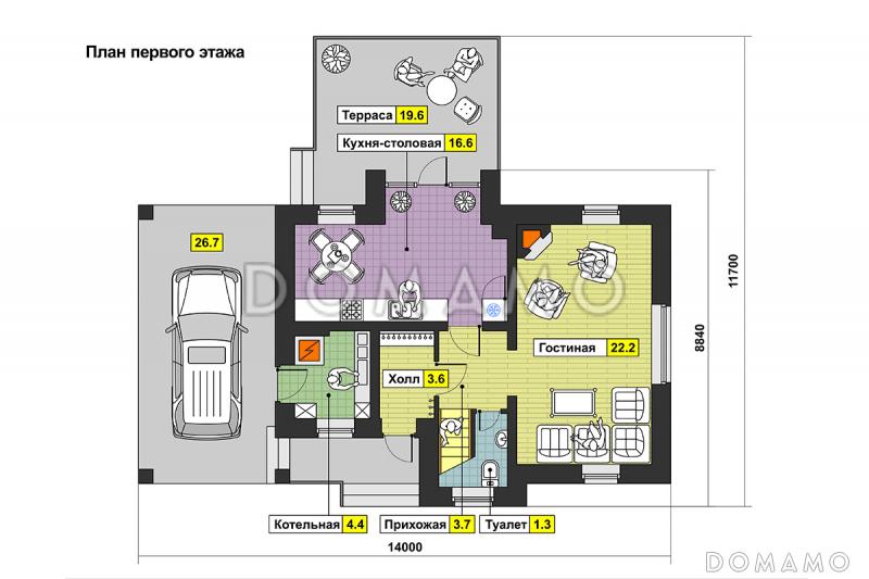 Проект загородного дома с открытой террасой и навесом для автомобиля, панорамными окнами / План 1 этажа