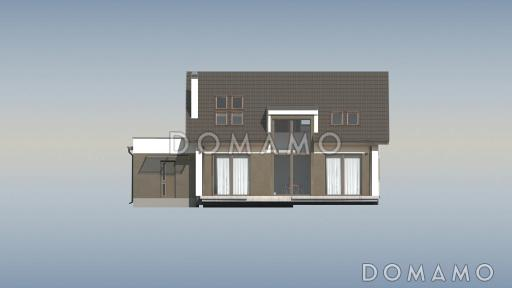 Проект одноэтажного коттеджа из газобетона с мансардным этажом, большой светлой гостиной и пристроенным гаражом / Фасад 1
