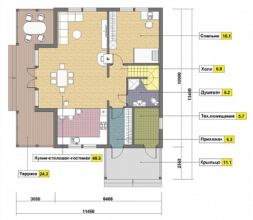 Проект каркасного дома с мансардой / План 1 этажа