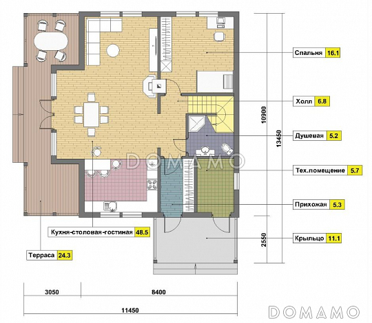 Проект каркасного дома с мансардой / План 1 этажа