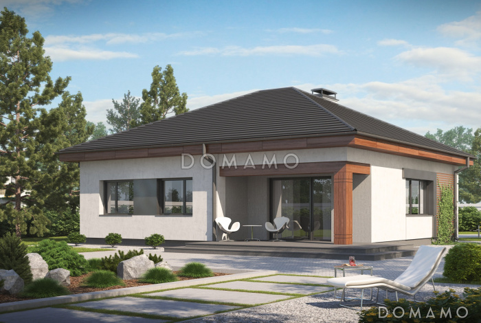 Проект одноэтажного дома из газобетона с тремя спальнями и небольшой крытой угловой террасой 