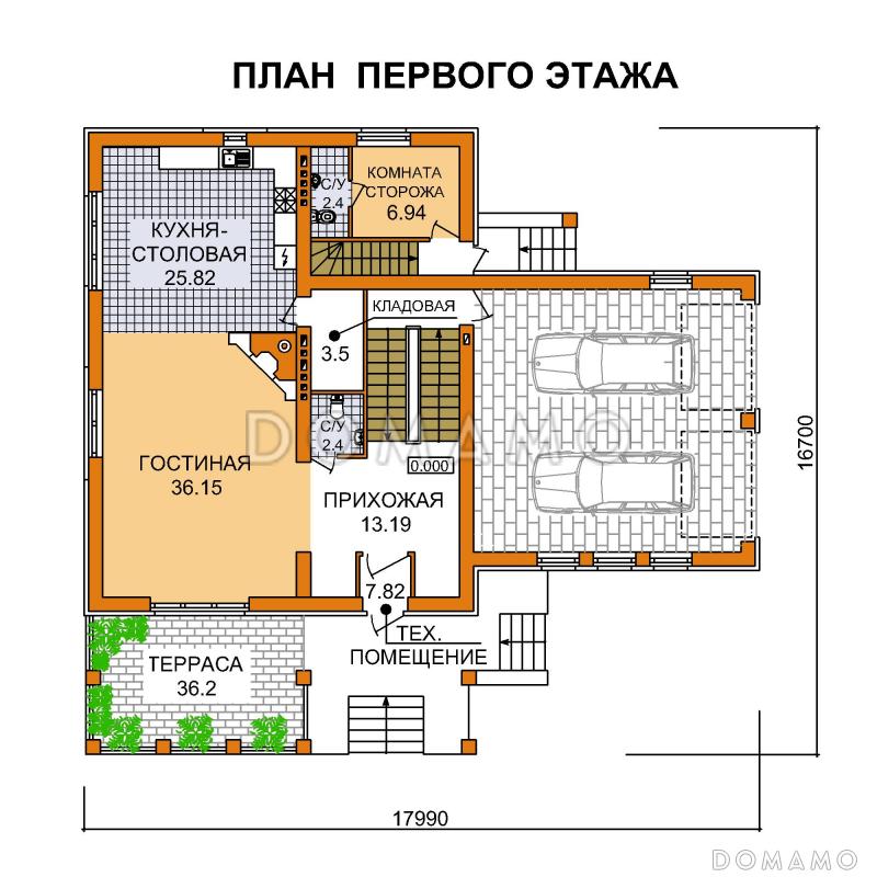 Проект дома из пеноблоков с гаражом и бассейном расположенные на цокольном этаже / План 1 этажа