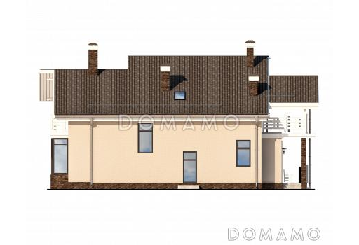 Проект дома с большой террасой, кухней с эркером, сауной, кладовой у лестницы / Фасад 3