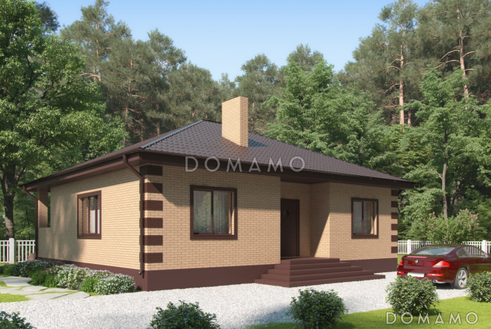 Проект одноэтажного дома с террасой, просторной кухней-столовой, кладовой в холле и спальнями