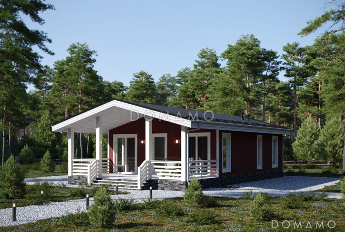 Проект каркасного дома с двумя спальнями и крытой террасой