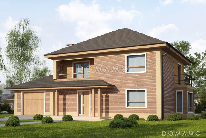 Проект двухэтажного дома из кирпича с тремя спальнями, кабинетом, гаражом и балконом