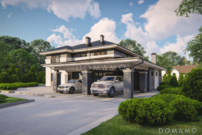 Проект дома с гаражом на 2 машины, большой гостиной, проходом на кухню из прихожей, отдельным входом в котельную