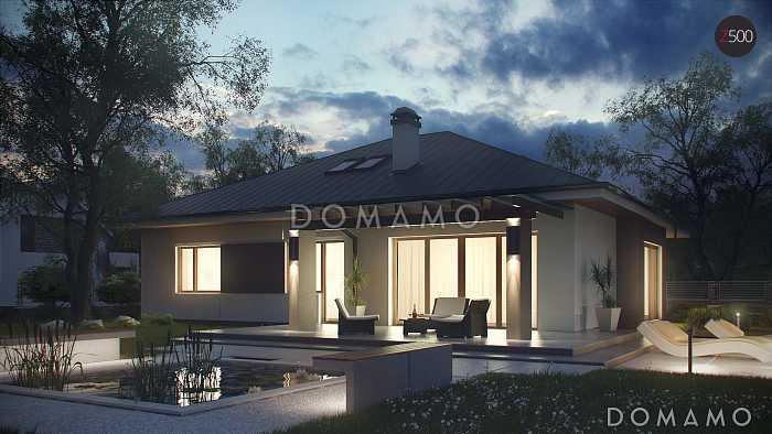 Проект одноэтажного дома из кирпича с небольшой мансардой и с гаражом на два автомобиля