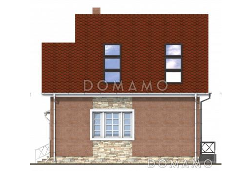 Проект загородного дома из панелей SIP с тремя спальнями на мансардном этаже, круглым окном, гаражом на одну машину / Фасад 2