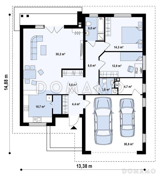 Проект одноэтажного дома из кирпича с просторной гостиной, большим гаражом и двумя спальнями / План 1 этажа