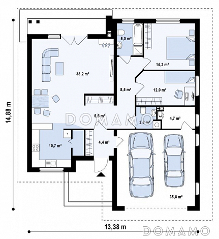 Проект одноэтажного дома из кирпича с просторной гостиной, большим гаражом и двумя спальнями / План 1 этажа