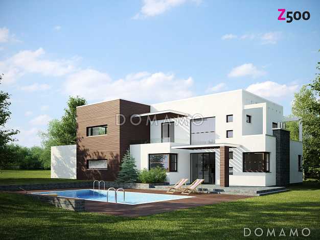 Проект современного просторного двухэтажного дома из кирпича в стиле кубизм с гаражом и террасой над ним