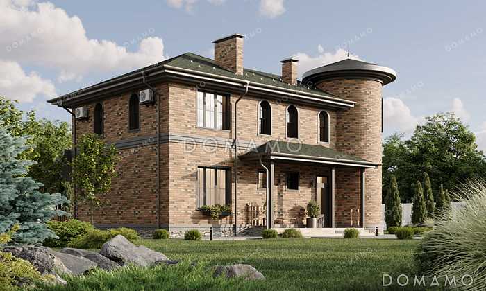 Проект двухэтажного дома с башней в замковом стиле, большим подвалом и продуманными планировочными решениями