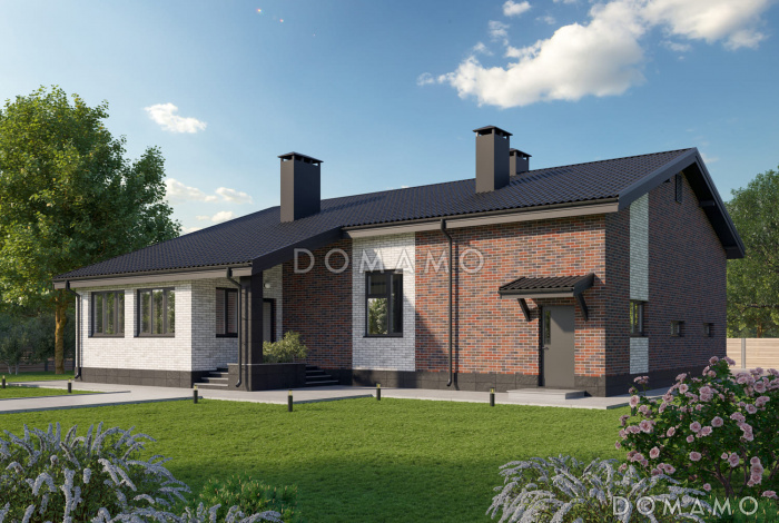 Проект одноэтажного дома из газобетона с 3 спальнями, верандой и гаражом