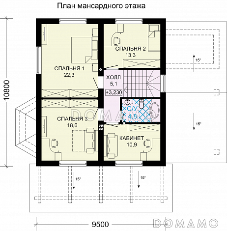 Проект дома из пенобетона с местом для машины / План мансардного этажа