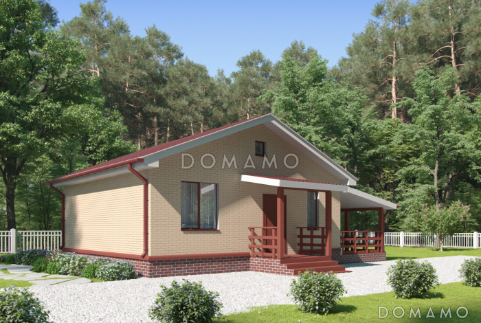 Проект дома с террасой, кухней-столовой, двумя небольшими спальнями и кладовой