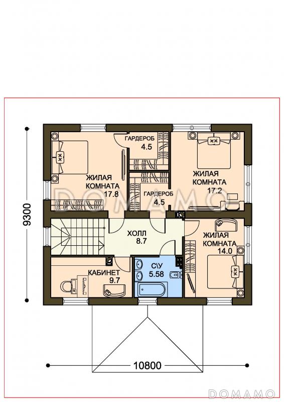 Проект двухцветного коттеджа с двумя гардеробными и большим крыльцом / План 2 этажа