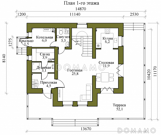 Проект двухэтажного газобетонного дома со вторым светом, просторной крытой террасой и сауной / План 1 этажа